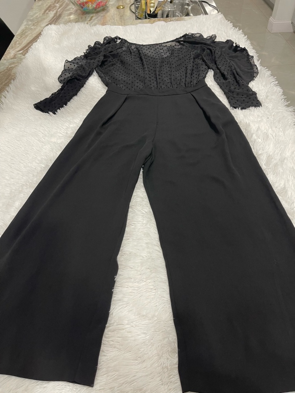 Zara Black Wide-Leg Jumpsuit with Dotted Sheer Bodice